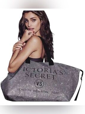 Victoria's Secret Gray & Black Glitter‎ Tote  Weekender Bag London NY Paris
